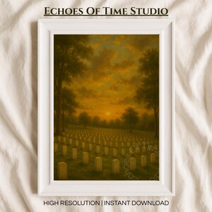 May include: Framed artwork featuring a cemetery scene at sunset. The painting depicts rows of headstones under a golden sky, with trees framing the view. The text "ECHOES OF TIME STUDIO" and "HIGH RESOLUTION | INSTANT DOWNLOAD" are visible.