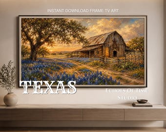 Cuadro decorativo para TV con marco de granero de Texas y lupinos azules, descarga digital rústica de granja, paisaje para TV con marco Samsung, decoración de pared con pintura al óleo de rancho del oeste