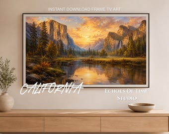 Cuadro al óleo del Parque Nacional Yosemite, arte para televisión, puesta de sol en las montañas de California (descarga digital), cascada de río y pino (decoración para el hogar imprimible)