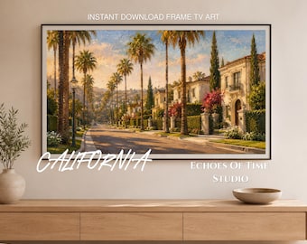 Cuadro al óleo de Beverly Hills Palm Street, arte para televisor Samsung con marco, descarga digital de lujo costero de California, decoración elegante para sala de estar y dormitorio.