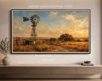 Arte para TV Samsung Frame / Atardecer en la pradera de molinos de viento de Texas / Protector de pantalla rústico de granja / Decoración de pared de paisaje del oeste / Descarga instantánea