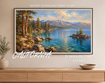 Marco de fotos de Lake Tahoe para TV, descarga digital de la luz dorada de las montañas de California, lámina de pintura al óleo de pinos de Sierra Nevada, decoración de pared para cabañas panorámicas