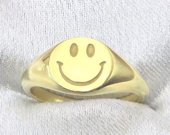 Anillo de sello sonriente - Anillo de plata esterlina - Anillo de cara sonriente de oro - Anillo de cara feliz - Anillo de mujer -