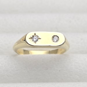 Sterling Silver Bar signet ring, moon & Star pink Ring, sterling starburst ring, Polaris Signet Ring, Minimalist Jewelry Gift for Her,