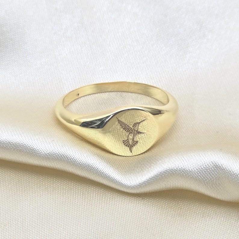 Hummingbird Engraved Signet Ring: Gold Plated Sterling Silver, Nature Jewelry image 3