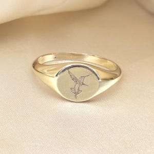 Hummingbird Engraved Signet Ring: Gold Plated Sterling Silver, Nature Jewelry image 4