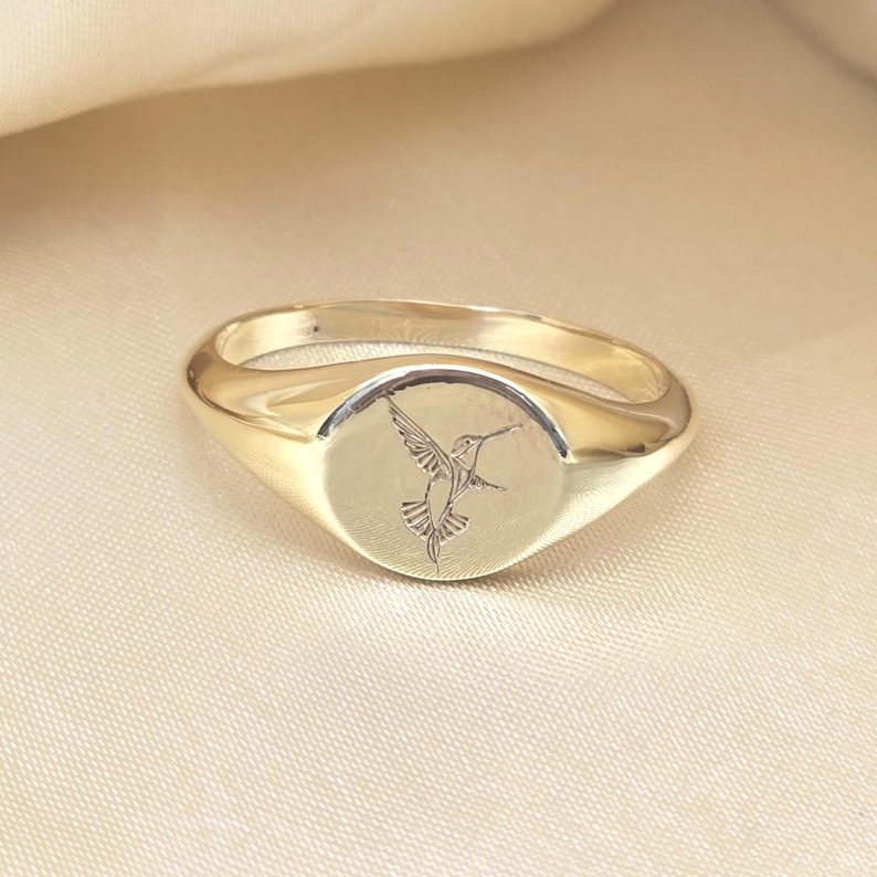 Hummingbird Engraved Signet Ring: Gold Plated Sterling Silver, Nature Jewelry image 4
