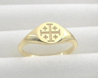 Zegelring Jeruzalem-kruis | Christelijke ring | Gegraveerde kruisvaarder-kruisring | Geloofscadeau voor haar | Sterlingzilveren zegelring