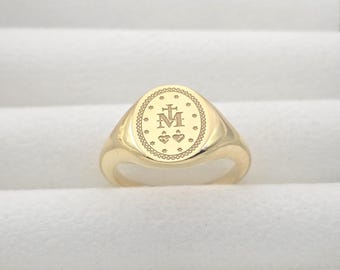 Bague médaille miraculeuse | Chevalière | Bague de protection Vierge Marie | Bijoux religieux | Bague spirituelle | Bague Foi Chrétienne | Bague