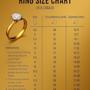 May include: A ring size chart for US and Canada, with a gold ring in the corner. The chart lists ring sizes, circumference in millimeters, and diameter in millimeters. Instructions are included for measuring finger size using string and a ruler.