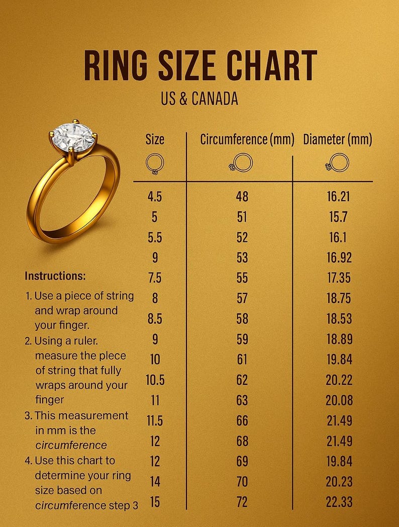 May include: A ring size chart for US and Canada, with a gold ring in the corner. The chart lists ring sizes, circumference in millimeters, and diameter in millimeters. Instructions are included for measuring finger size using string and a ruler.