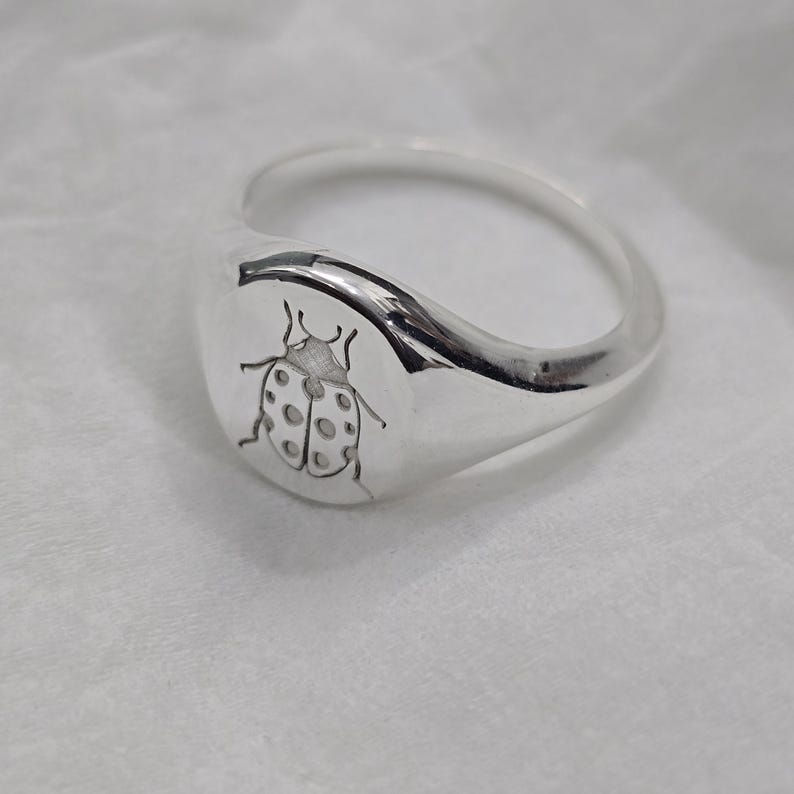 May include: A silver signet ring with a detailed engraving of a ladybug on the face. The ring has a smooth, polished finish and a rounded band. The ladybug design features spots and delicate details, creating a nature-inspired jewelry piece.