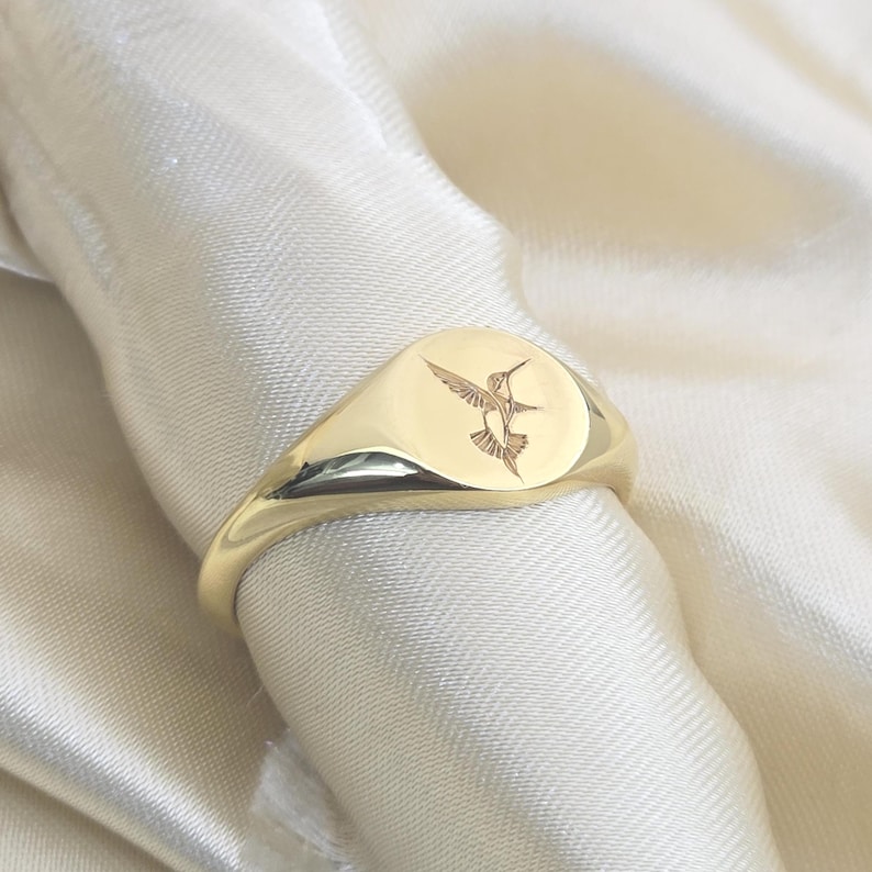 Hummingbird Engraved Signet Ring: Gold Plated Sterling Silver, Nature Jewelry image 2