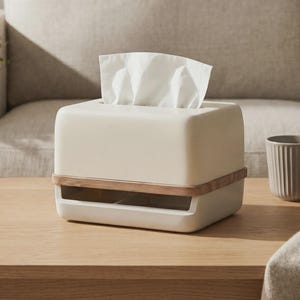 May include: A rectangular off-white tissue box cover with a smooth finish, featuring a horizontal light wood accent band around the middle and a wide rectangular opening at the base, with a white tissue protruding from the top slot.