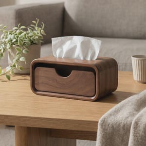 May include: A rectangular dark brown wooden tissue box holder with rounded corners and a central cutout for dispensing white tissues. The box features a smooth, polished finish and a horizontal design that sits flat on a surface.