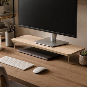 May include: A rectangular light wood monitor stand featuring a smooth, flat surface supported by four slender, tapered metallic legs. The stand is positioned on a desk, holding a computer monitor, with a laptop stored in the space underneath.