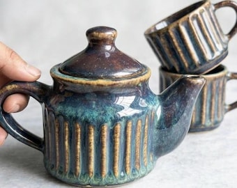 Handmade Ceramic Tea Set for Two – Rustic Pottery Teapot with Cups, Christmas Gift