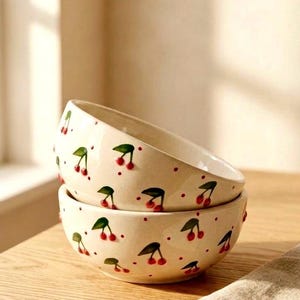 Hand-Painted Cherry Ceramic Bowl Set, Whimsical Kitchenware, Artisan Pottery, Housewarming Gift