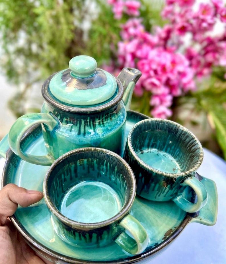 Complete teal ceramic tea set in hand Khurja India artisan pottery housewarming gift