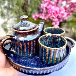 Handmade Blue Japanese Tea Set | Artisan Ceramic Teapot with Cups | Housewarming Gift