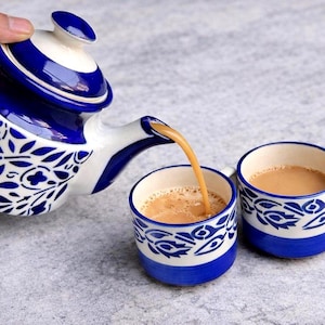 Handmade Blue White Ceramic Tea Set, Khurja Artisan Pottery, Teapot Cups, Traditional Chai Gift
