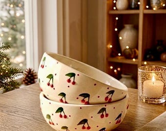 Hand-Painted Cherry Ceramic Bowl Set, Whimsical Dinnerware, Pottery Christmas Gift for her