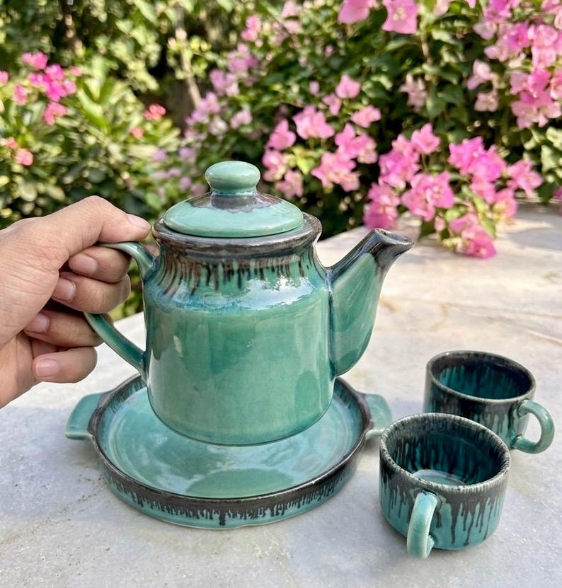 Handmade teal ceramic tea set with tray close up Khurja India artisan pottery gift