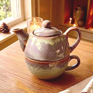 Handmade Ceramic Tea for One Set, Japanese Inspired Stacking Teapot & Cup, Cozy Winter Gift