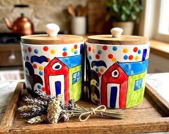 Ceramic Canister Set of 2 with Wooden Lid — Hand Painted Folk Art Khurja Pottery, Whimsical Kitchen Storage, Housewarming Gift