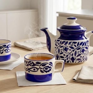 May include: A blue and white ceramic tea set with a teapot, two mugs, and a saucer. The teapot and mugs have a floral design. The mugs are filled with tea, and steam rises from one. The set is on a light wood table.