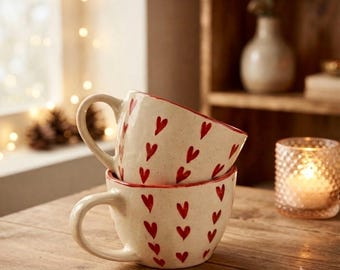 Heart Ceramic Mugs Set of 2, Handmade Pottery,  Couple Coffee Cups, Valentine Gift