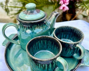 Handmade Teal Ceramic Tea Set, Ocean Glaze Teapot with Cups Tray, Pottery Winter Gift