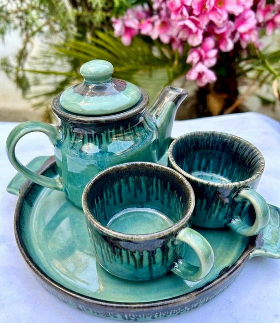 Handmade Teal Ceramic Tea Set, Ocean Glaze Teapot with Cups and Tray, Housewarming Gift