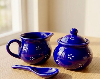 Hand-Painted Blue Ceramic Creamer and Sugar Pot with spoon, Artisan Pottery Coffee Tea Gift