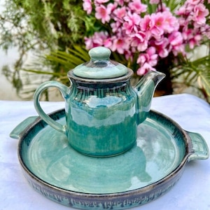 Handmade teal teapot and cup size view Khurja pottery 500ml tea set for two gift
