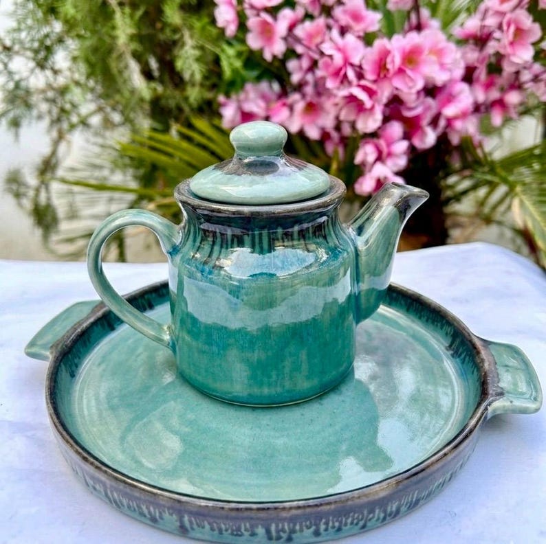 Handmade teal teapot and cup size view Khurja pottery 500ml tea set for two gift