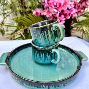 Ocean glaze teal ceramic teapot side view Khurja artisan pottery rustic tea set gift