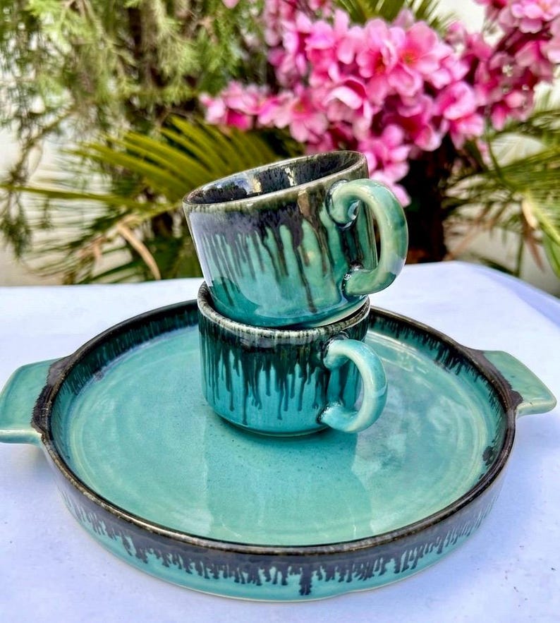 Ocean glaze teal ceramic teapot side view Khurja artisan pottery rustic tea set gift