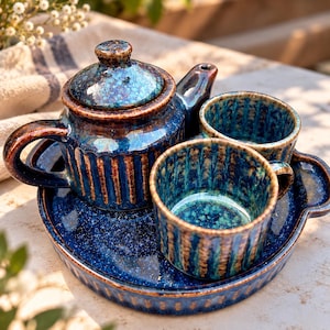 Handmade Blue Ceramic Tea Set ,Artisan Pottery, Teapot with Tray and Cups , Housewarming Gift
