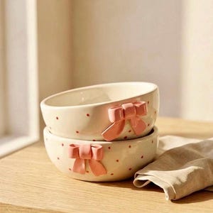Ciotole in ceramica fatte a mano con motivo a fiocchi e pois, decorazioni da cucina eleganti (set da 2)