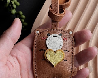Handmade Leather Bear Heart Keychain Bag Charm, Mini Accessory, indie gift