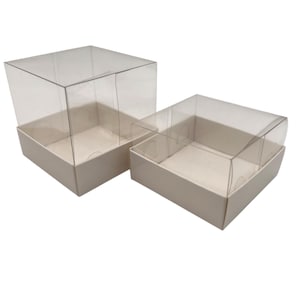 Puede incluir: Dos cajas de plástico transparente con bases blancas. Las cajas tienen tapas transparentes que se pueden abrir y cerrar. Las cajas están vacías y listas para ser llenadas con productos.