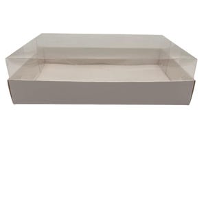 May include: A white cardboard box with a clear plastic lid. The box is rectangular and has a simple, clean design. The lid fits snugly over the base, creating a protective enclosure. Ideal for packaging or storage.