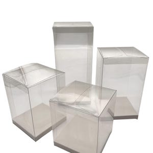 Può includere: Quattro scatole di plastica trasparente di diverse dimensioni e forme. Ogni scatola ha una base bianca e un coperchio trasparente pieghevole. Le scatole sono disposte su uno sfondo bianco.