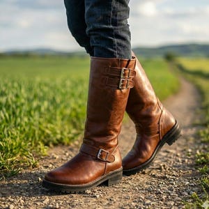 Puede incluir: Botas altas de cuero marrón con detalles de hebillas. Las botas tienen una puntera redondeada y una suela baja negra. La persona lleva vaqueros azules. Las botas se llevan en un camino de tierra con hierba verde al fondo.