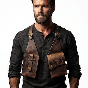 May include: A dark brown leather chest harness featuring two distinct pouches. The left pouch has a vertical strap closure, while the right pouch features a flap with two metal snap buttons. Both pouches are connected by adjustable shoulder straps.