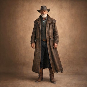 Pode incluir: Retrato de corpo inteiro de uma pessoa com um casaco comprido de couro castanho, chapéu de cowboy e botas. O casaco comprido chega aos tornozelos e tem um aspeto desgastado. A pessoa usa uma camisa escura e calças de ganga, com cinto e colar turquesa.