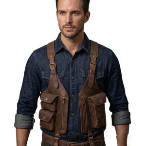 May include: A brown leather chest harness vest featuring multiple storage pockets with brass-toned snap buttons and vertical zip closures. The harness includes adjustable shoulder straps with metal buckles and connects to a matching leather belt.