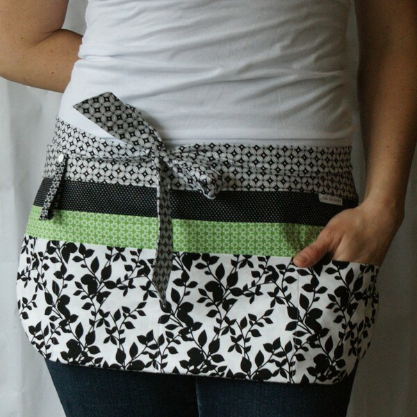 Utility Apron/Half Apron with 8 pockets and loop in Black, White and Bright Green