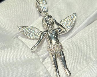 14K Gold Iced Out Angel Pendant, lab grown diamond necklace, hip hop pendant, lab diamond pendant lab diamond necklace diamond name necklace